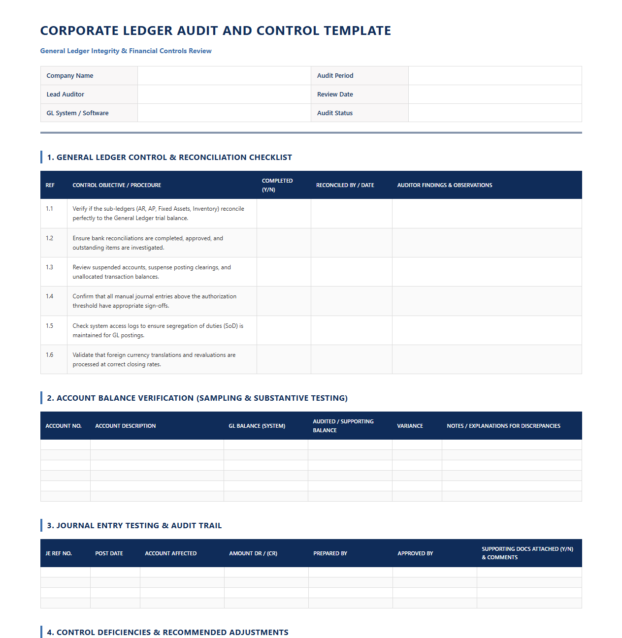Corporate Ledger Audit and Control Template