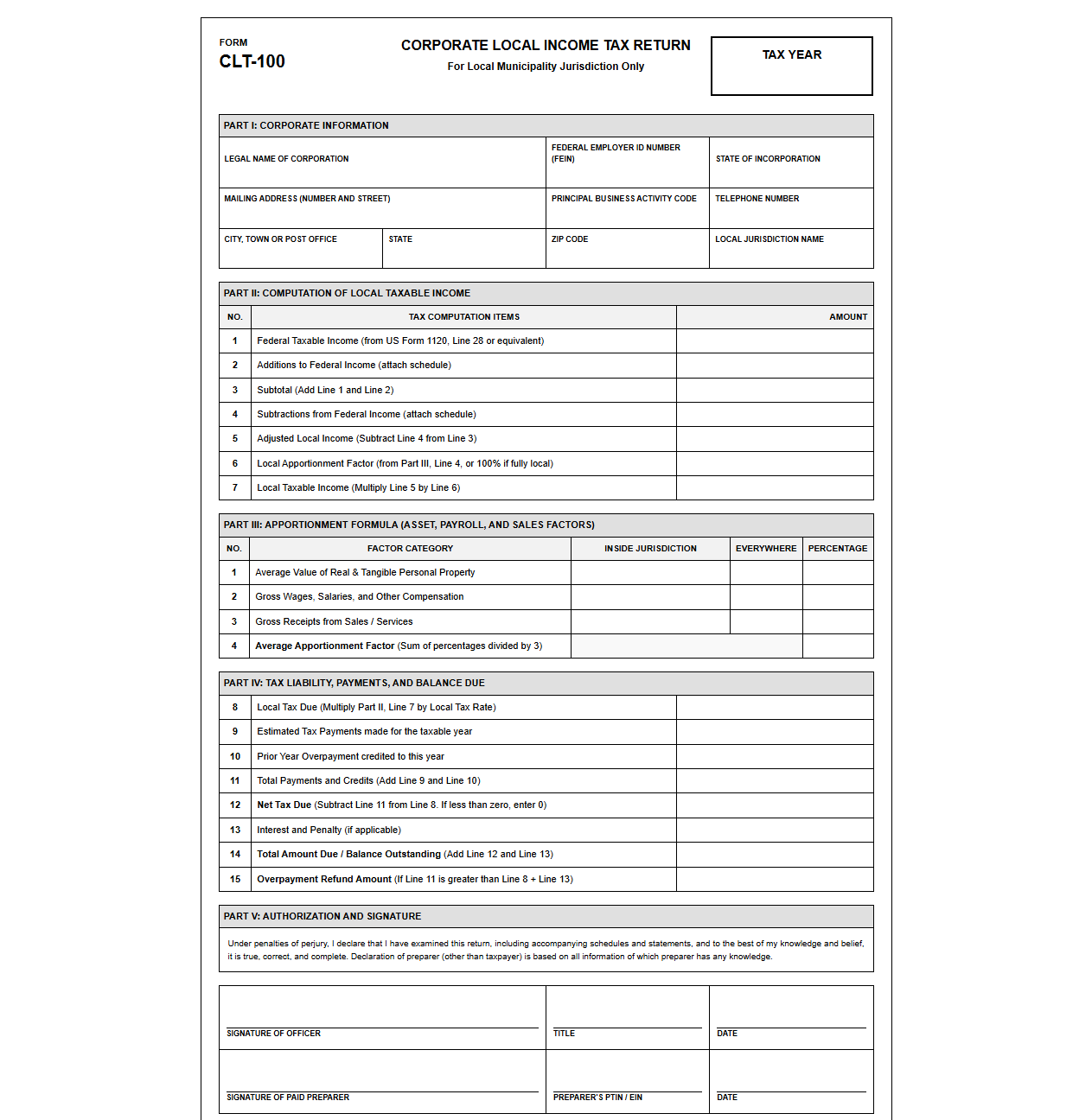 Corporate Local Income Tax Return Template