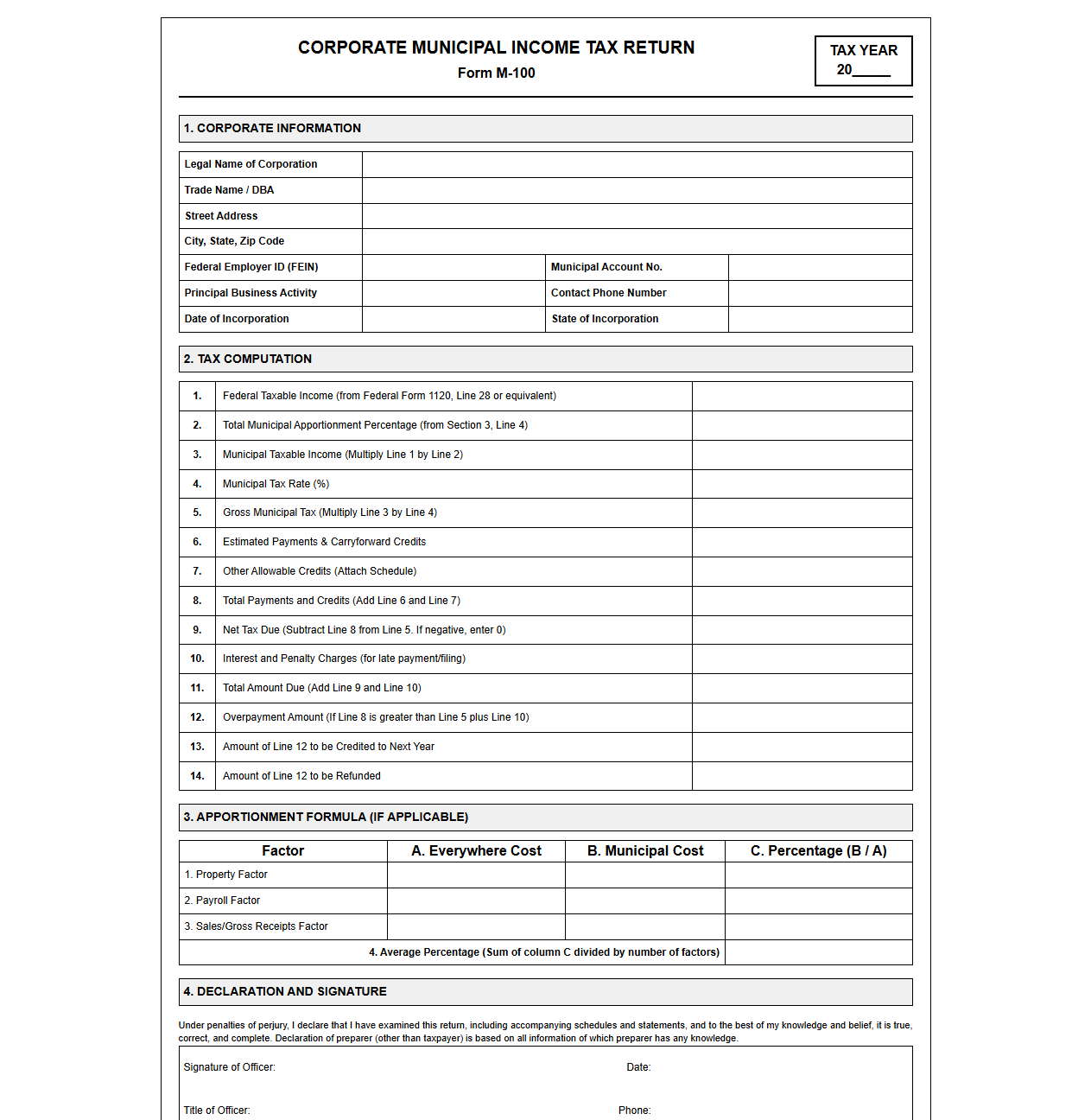 Corporate Municipal Tax Return Template
