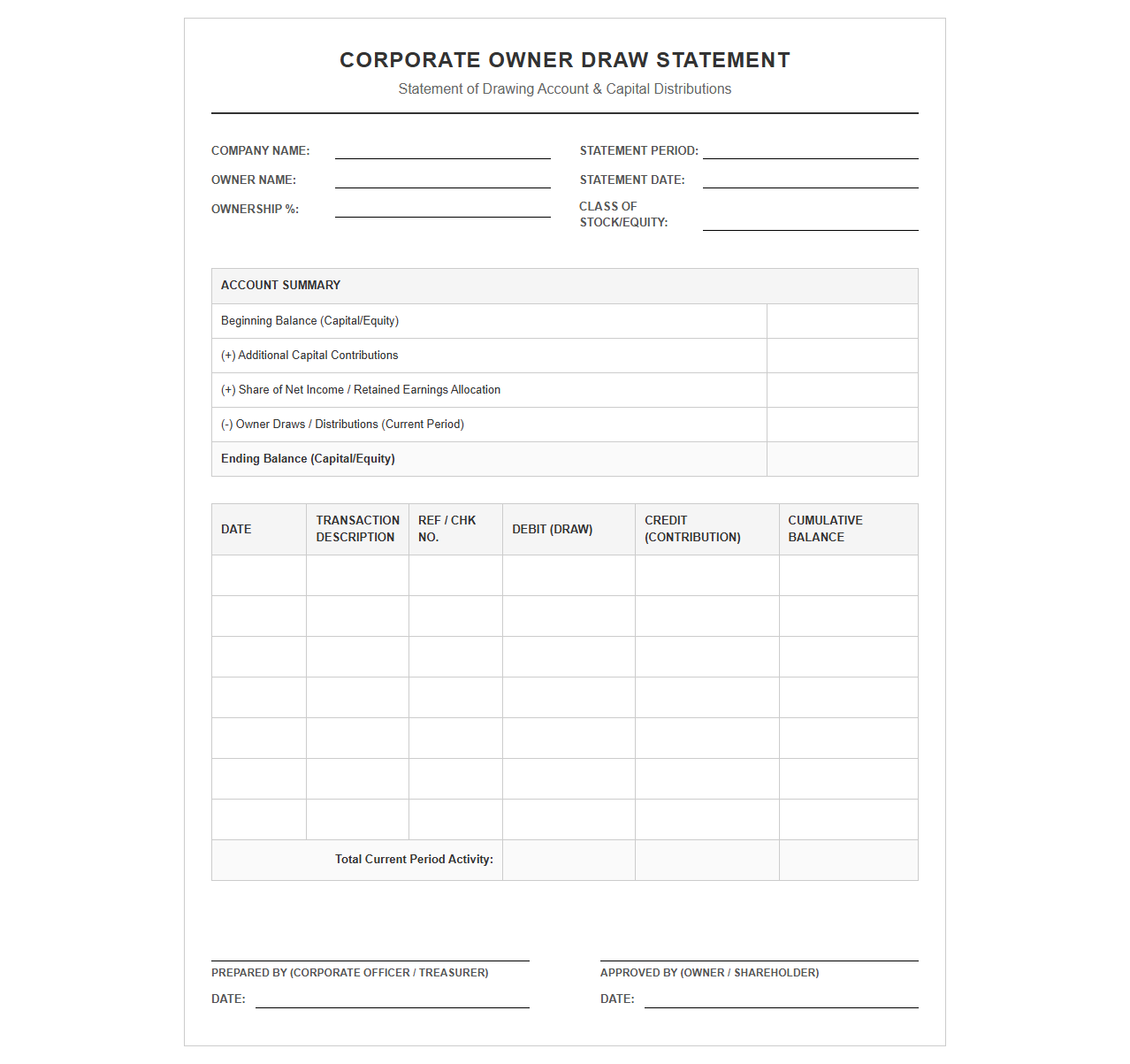 Corporate Owner Draw Statement Format