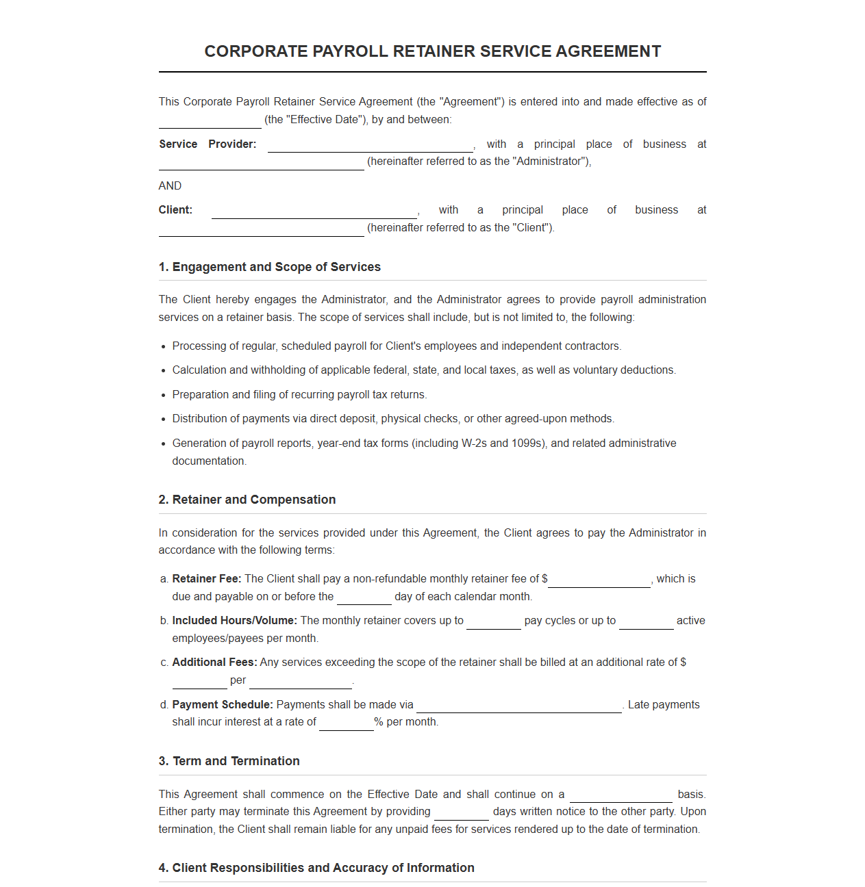Corporate Payroll Retainer Service Agreement