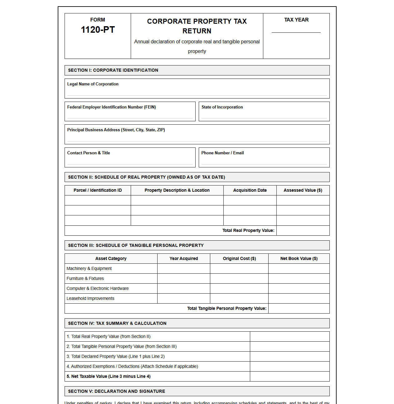 Corporate Property Tax Return Form