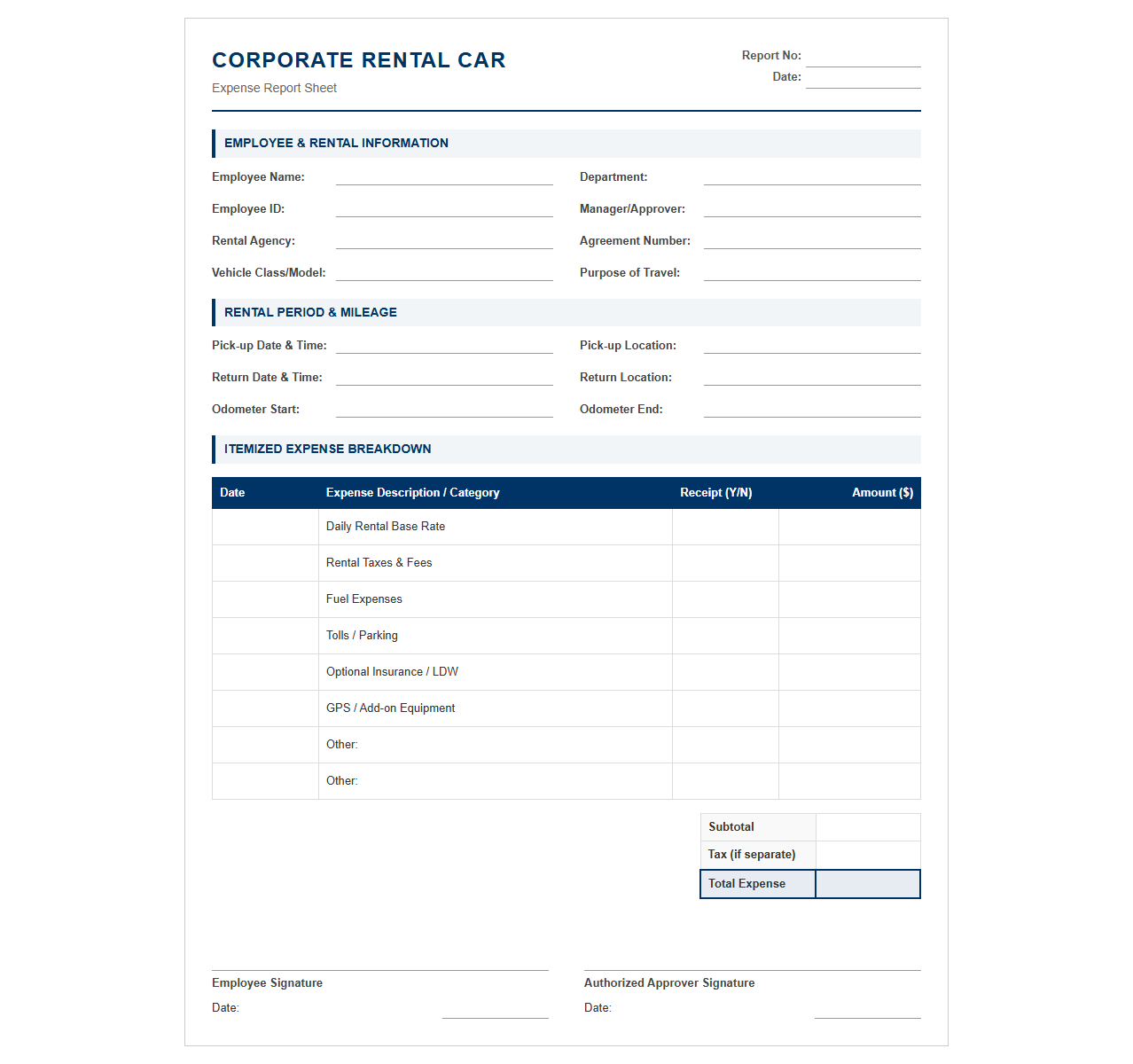 Corporate Rental Car Expense Sheet