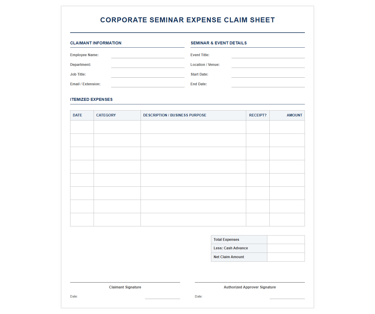 Corporate Seminar Expense Claim Sheet