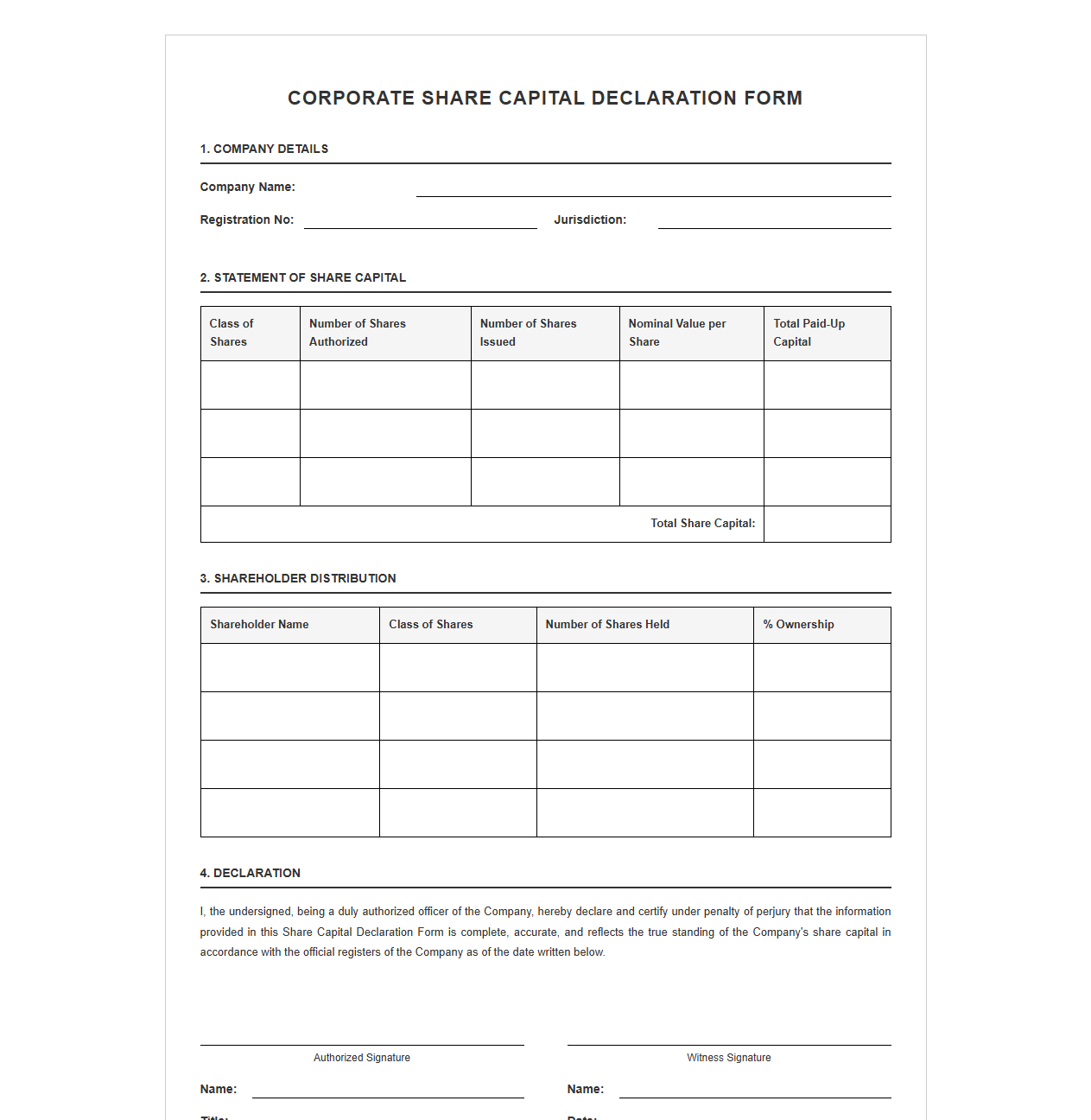 Corporate Share Capital Declaration Form