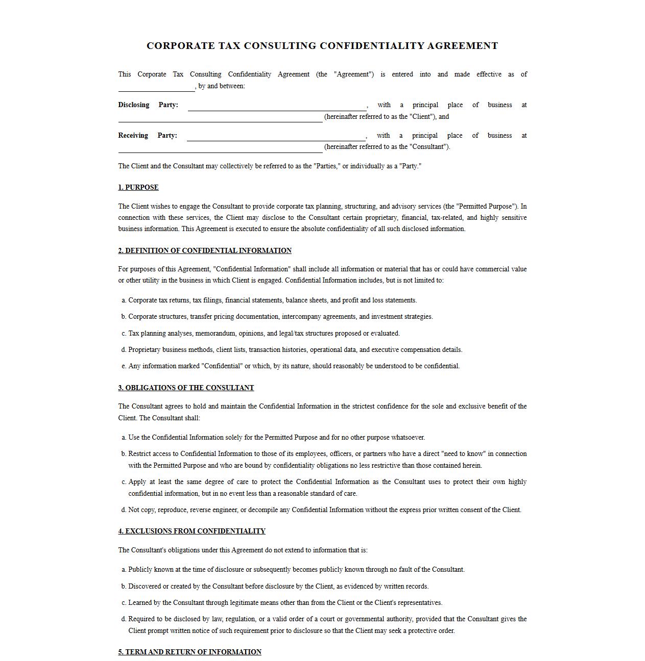 Corporate Tax Consulting Confidentiality Agreement