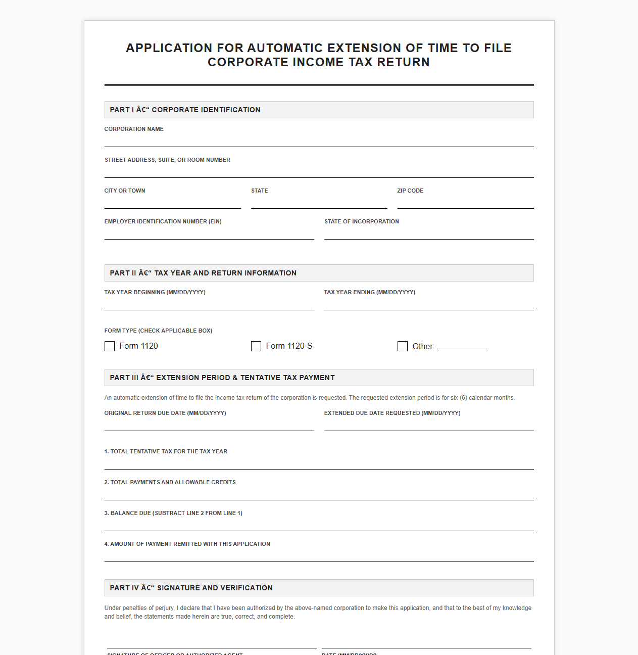 Corporate Tax Filing Extension Application Template