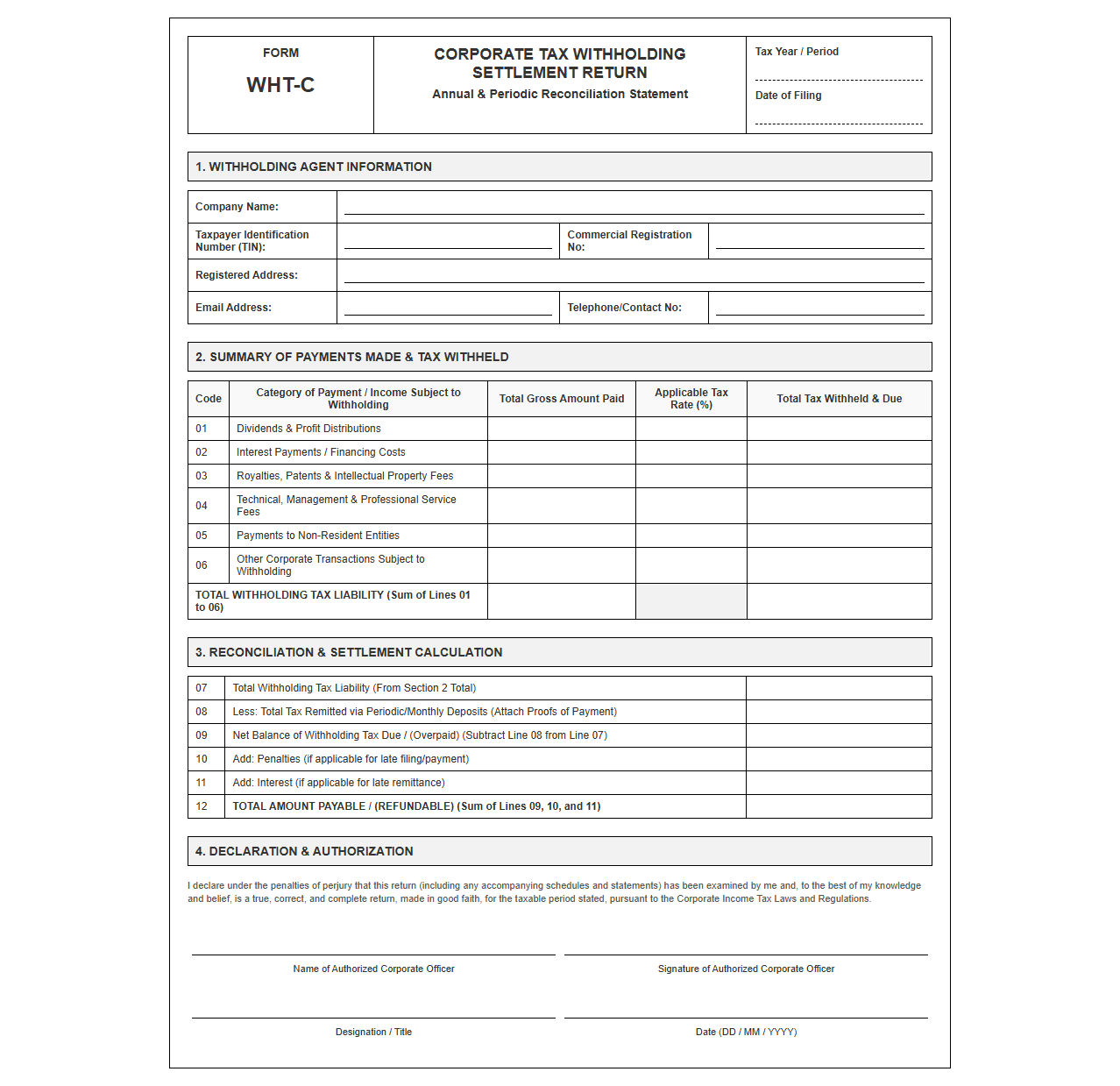 Corporate Tax Withholding Settlement Return Template