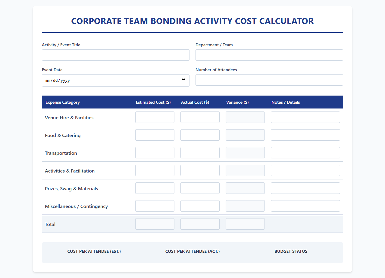 Corporate Team Bonding Activity Cost Calculator