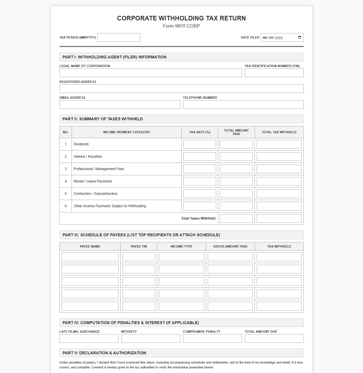 Corporate Withholding Tax Return Form Template