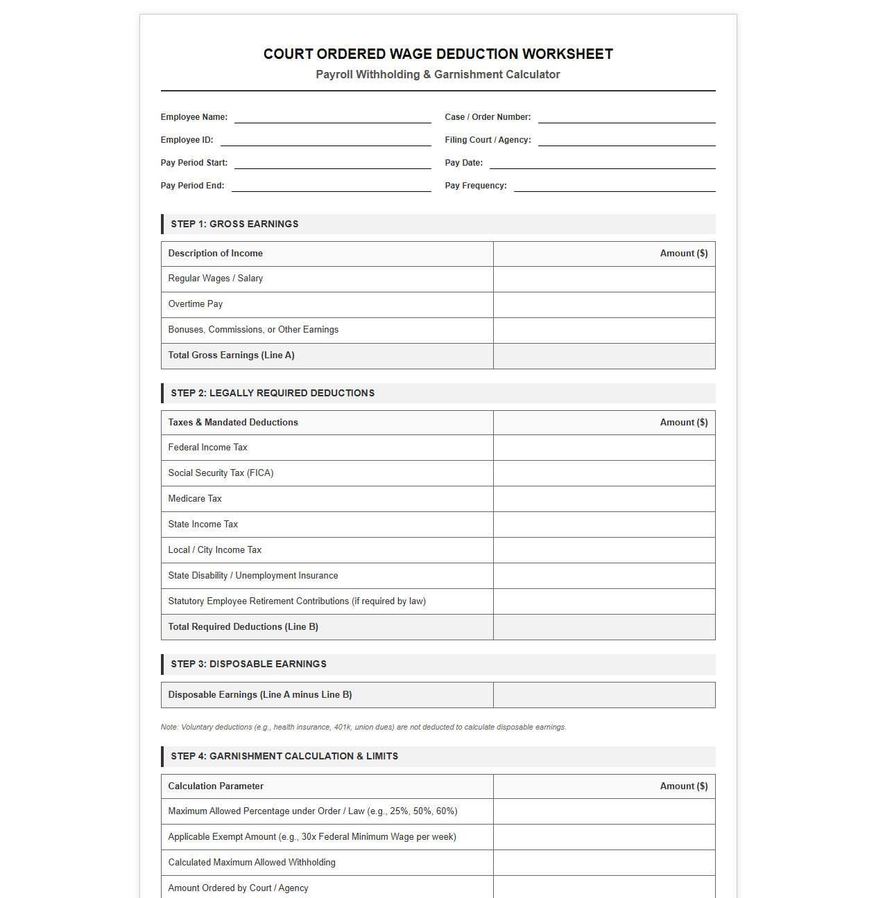 Court Ordered Wage Deduction Worksheet