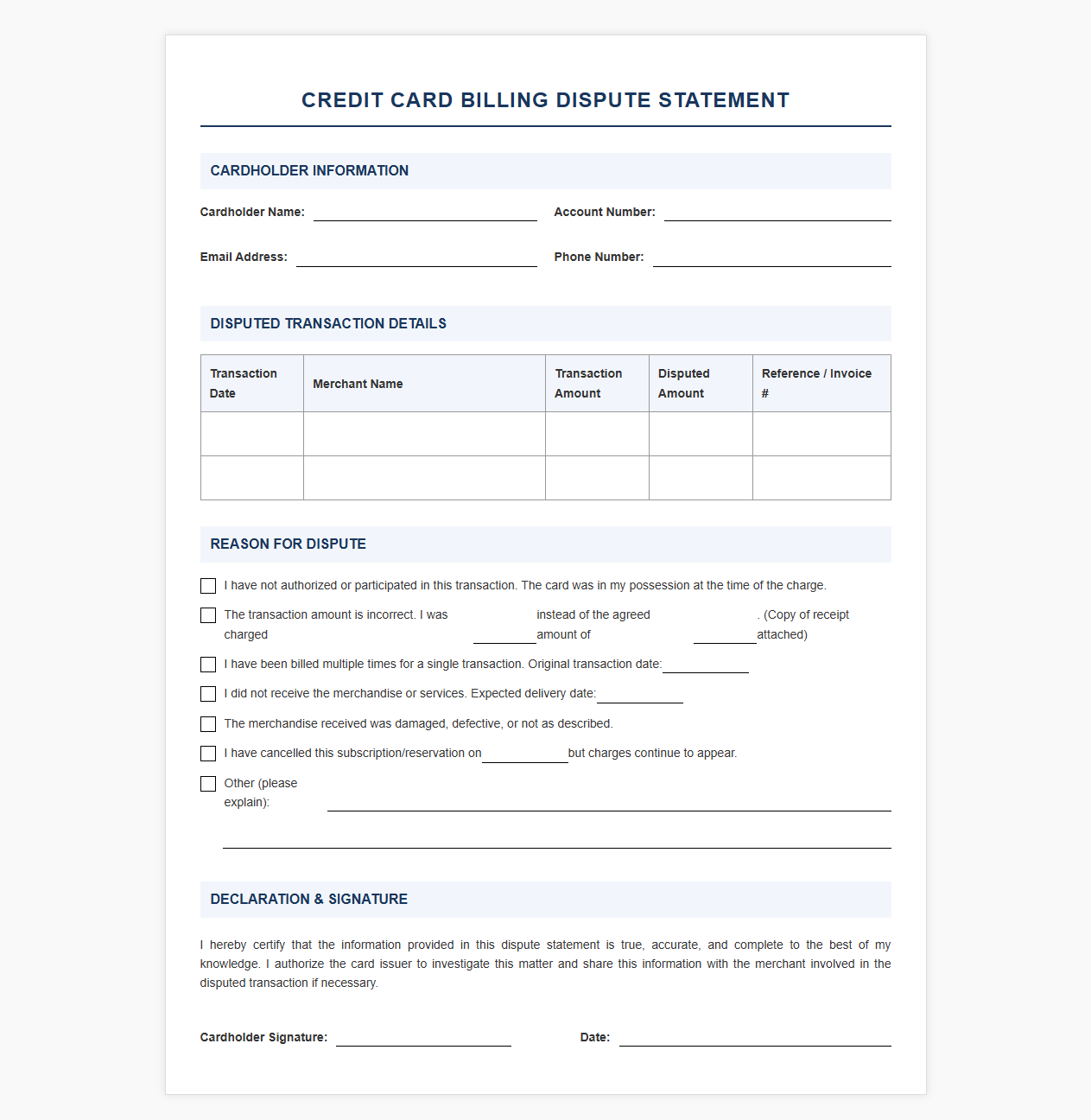 Credit Card Billing Dispute Statement Template