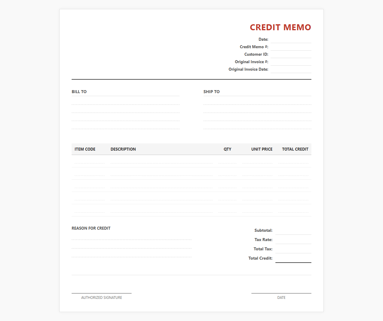 Credit Memo Invoice Template