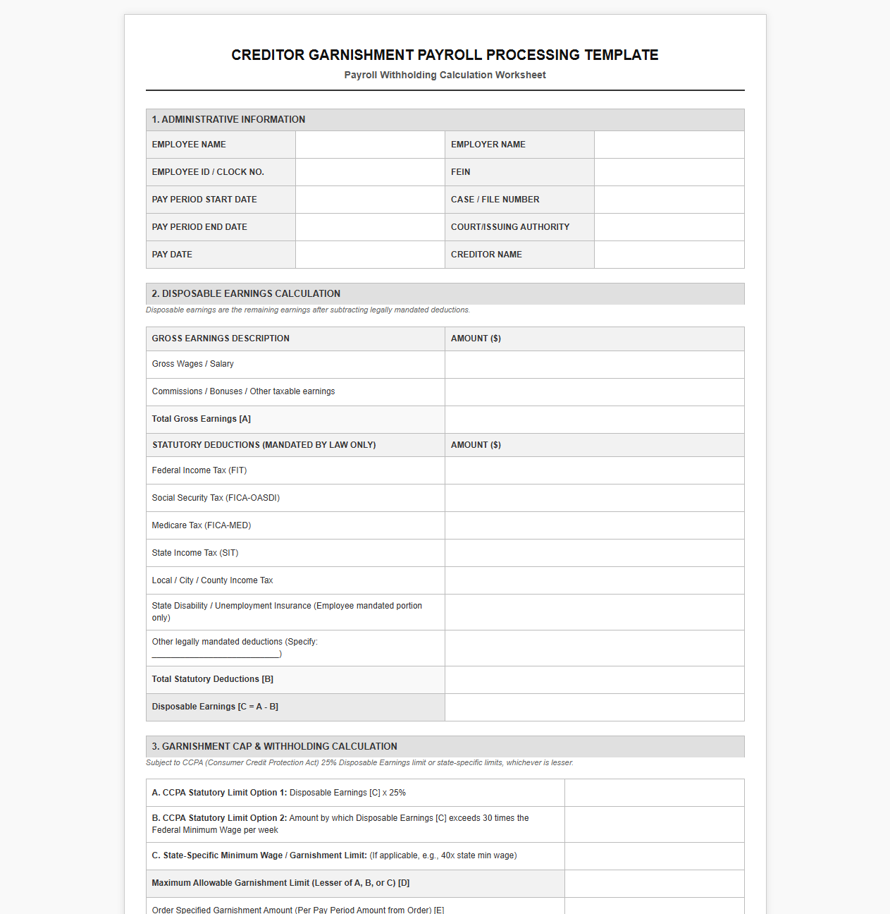 Creditor Garnishment Payroll Processing Template