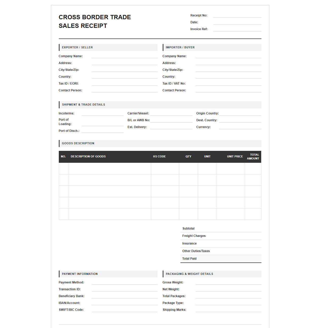 Cross Border Trade Sales Receipt
