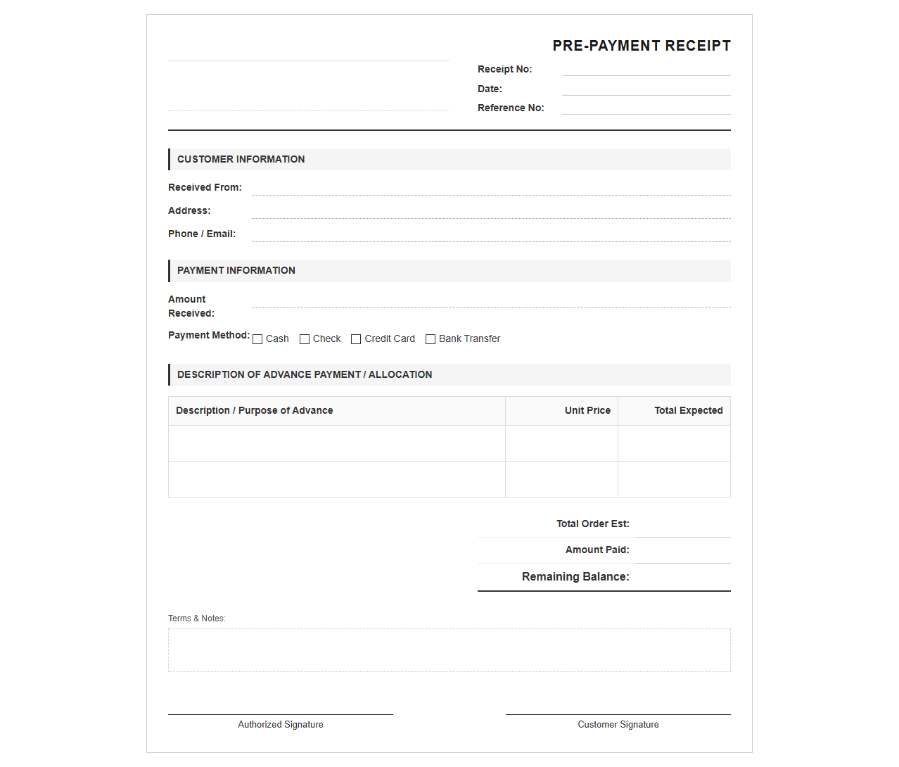 Customer Pre-Payment Sales Receipt Template