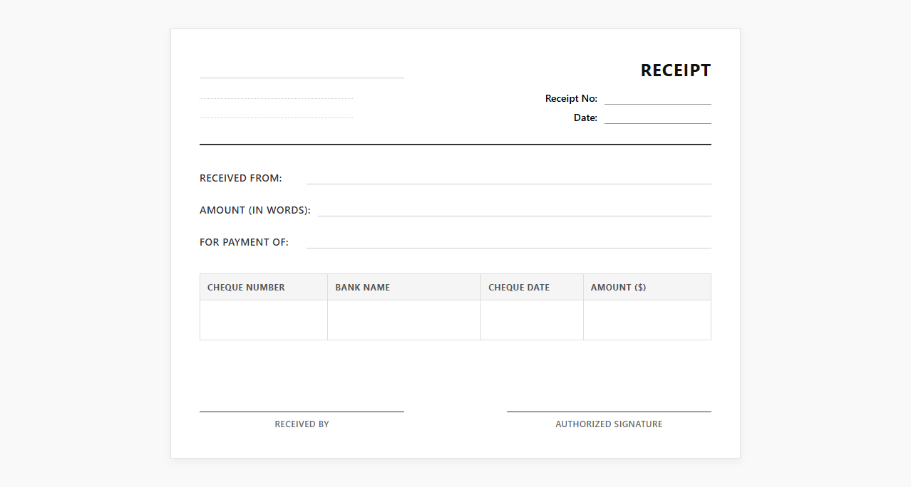 Customer Receipt for Cheque Payment