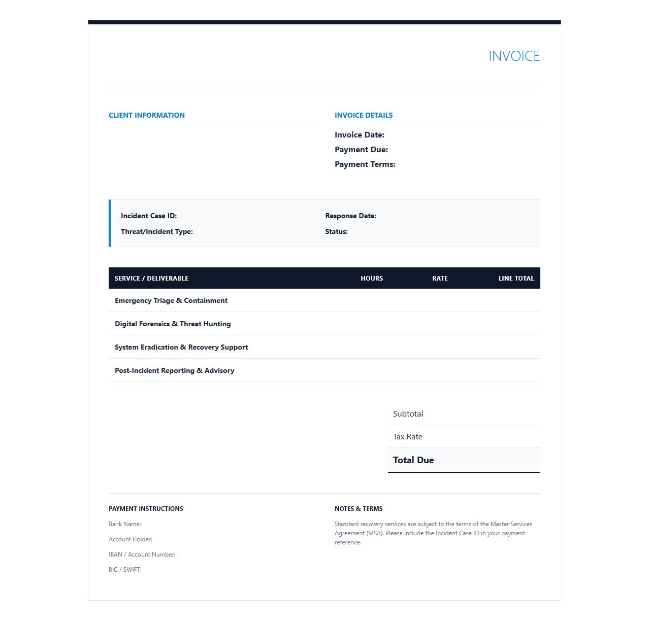 Cybersecurity Incident Response and Recovery Invoice Template