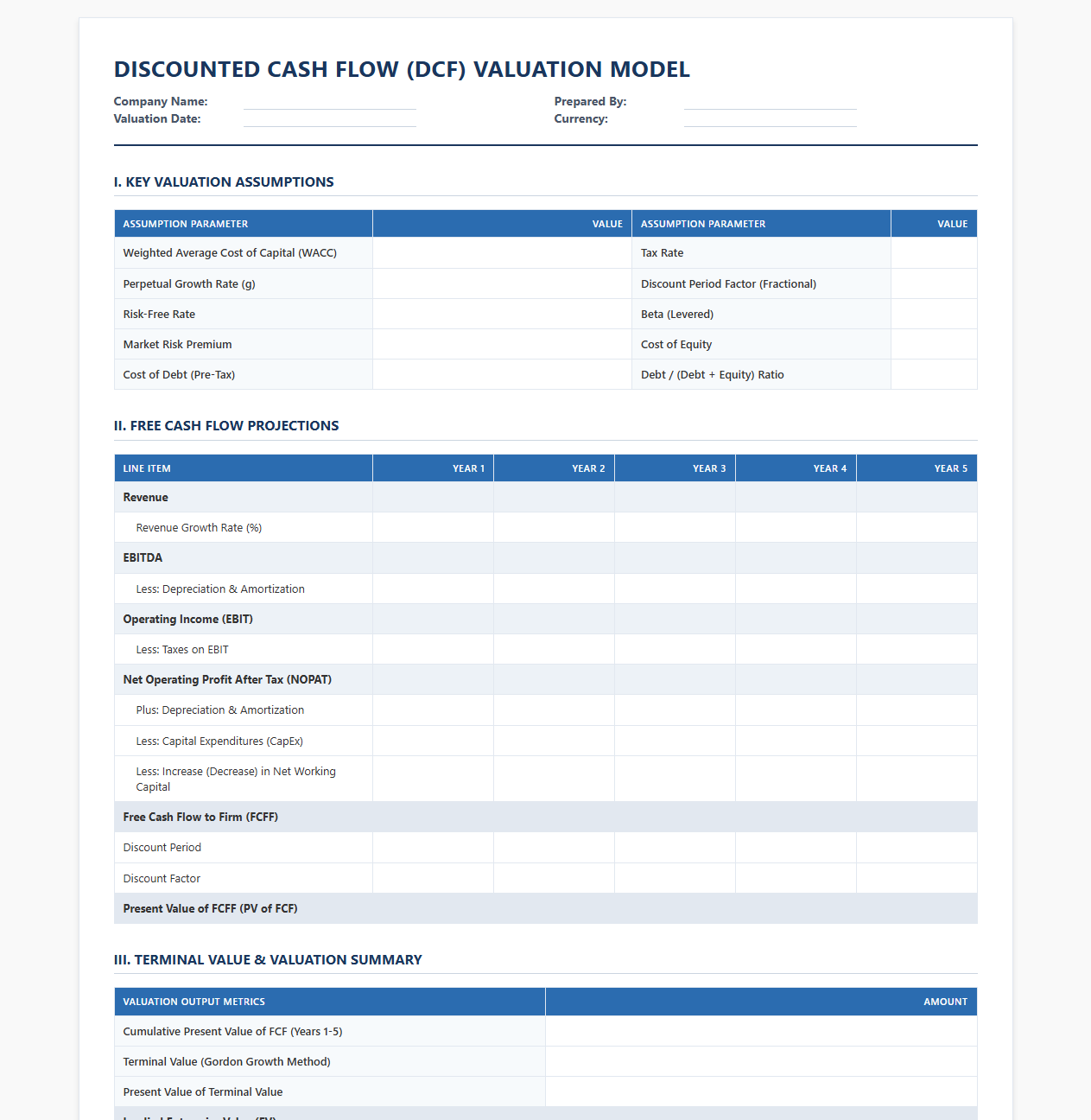 DCF Valuation Model Statement Template