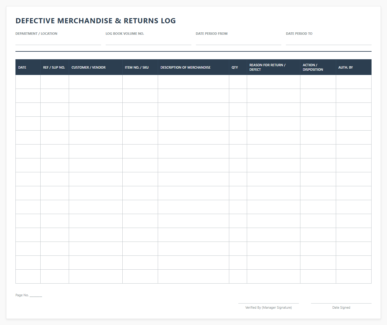 Defective Merchandise and Returns Log Book