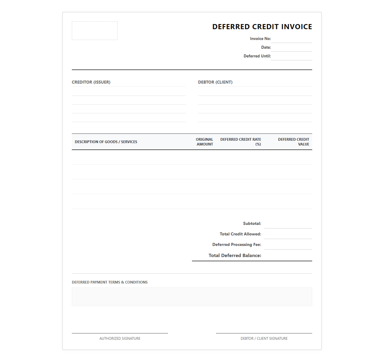 Deferred Credit Invoice Template