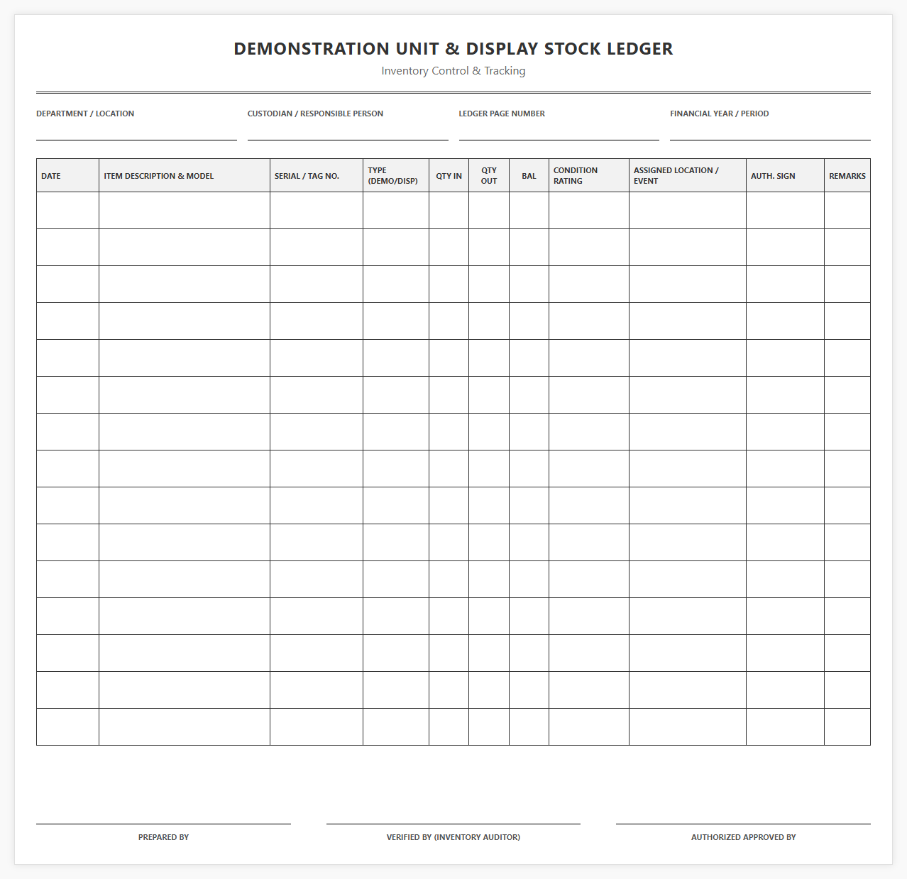 Demonstration Unit and Display Stock Ledger