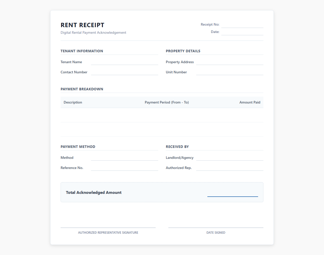 Digital Rental Payment Acknowledgement Template