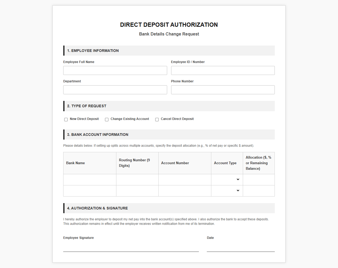 Direct Deposit Bank Details Change Request
