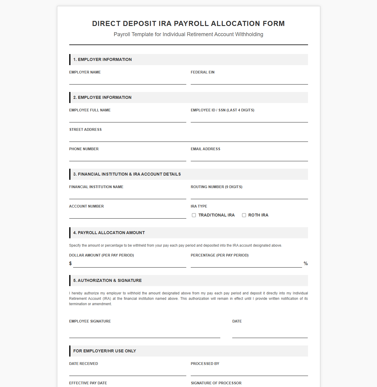 Direct Deposit IRA Payroll Allocation Form