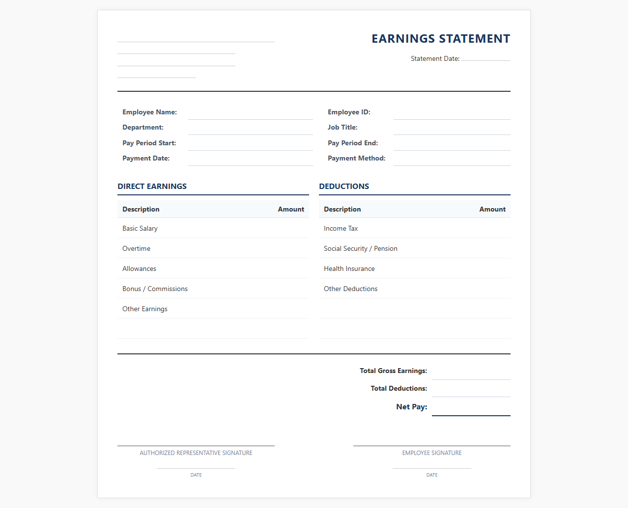 Direct Earnings and Salary Statement Template