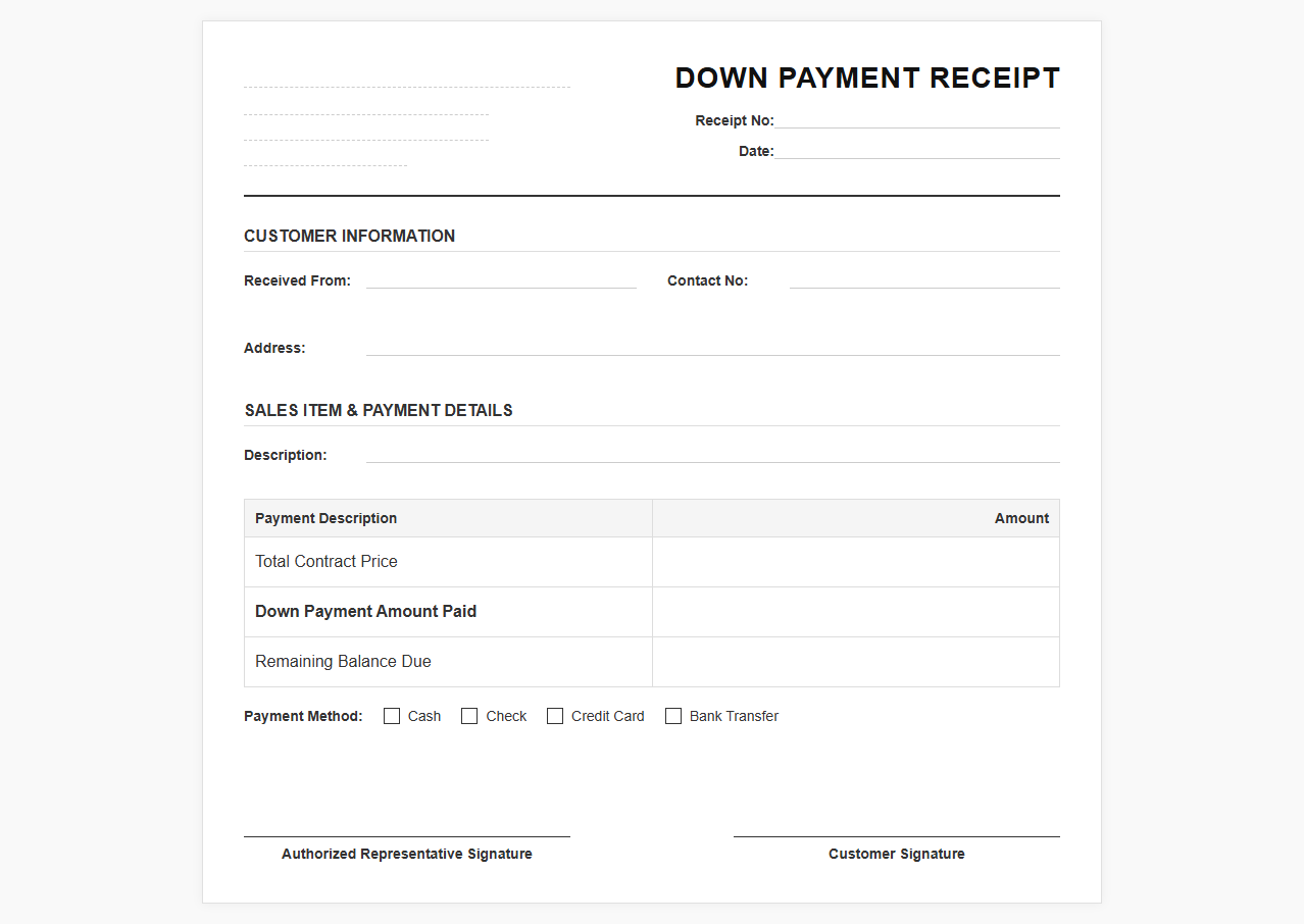 Down Payment Receipt Template for Sales