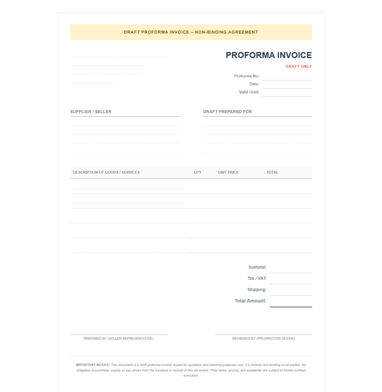 Draft Proforma Invoice Template Non Binding