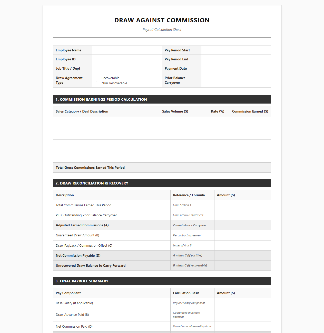 Draw Against Commission Payroll Calculation Sheet