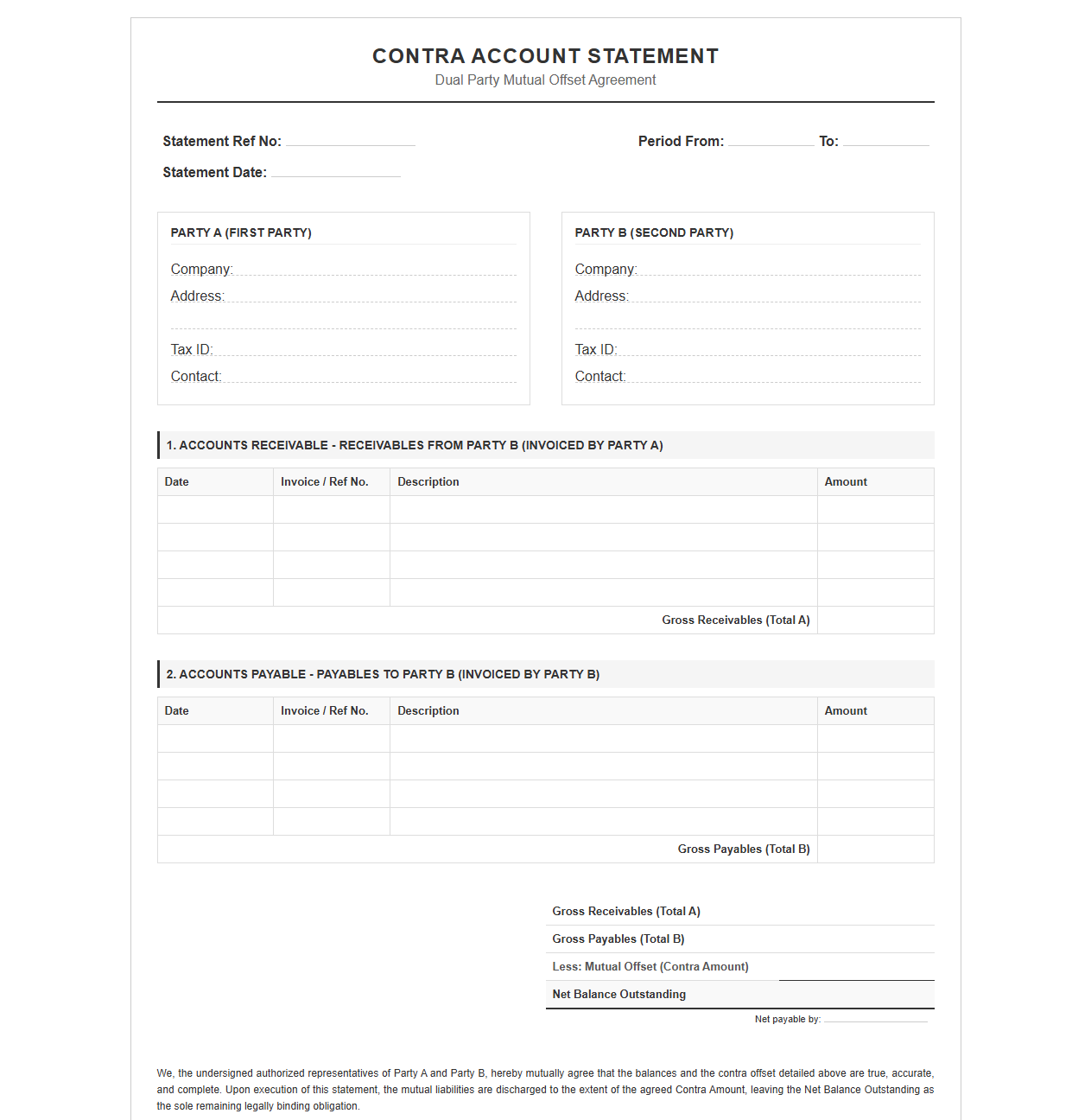 Dual Party Contra Account Statement Format