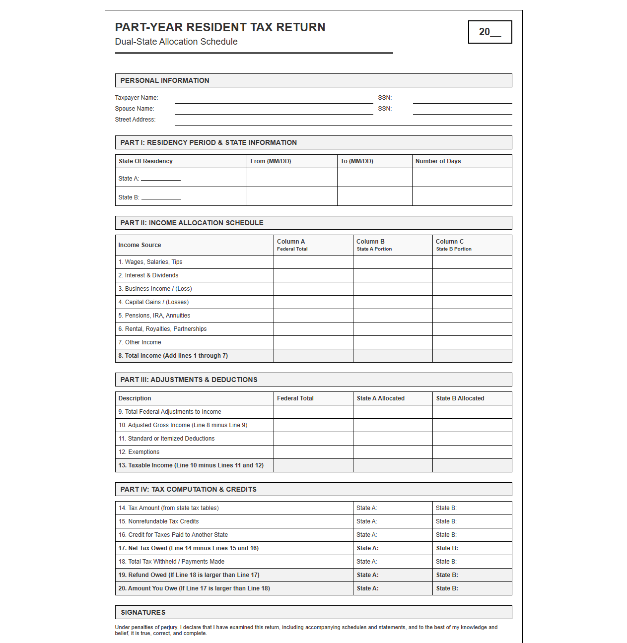 Dual-State Resident Tax Return Template