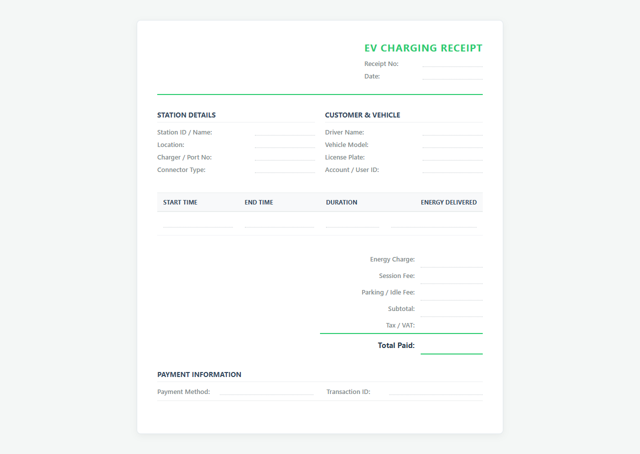 Electric Vehicle Charging Receipt Template
