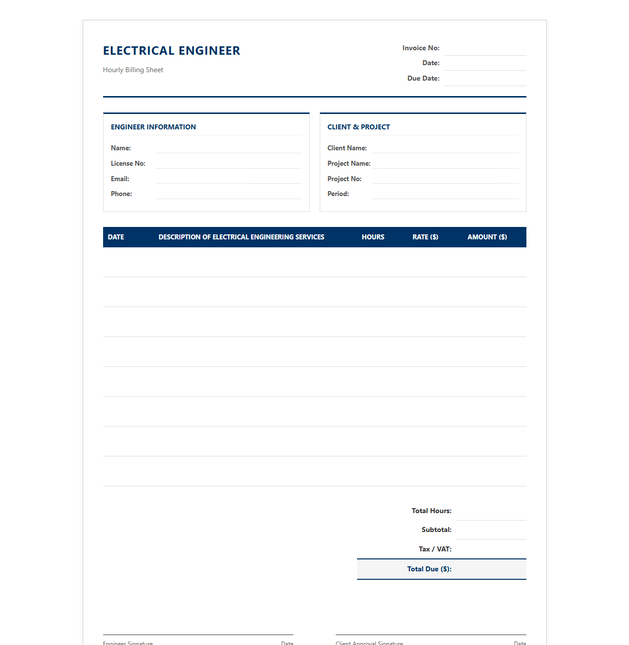 Electrical Engineer Hourly Billing Sheet