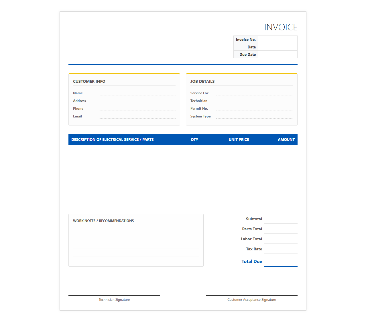 Electrical System Repair Service Invoice