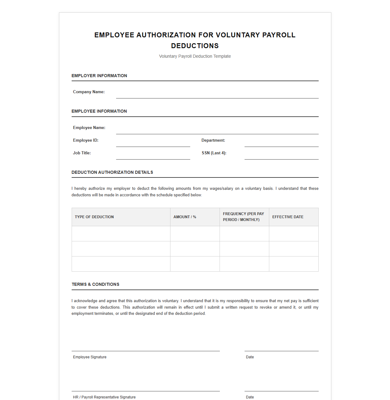 Employee Authorization for Voluntary Payroll Deductions