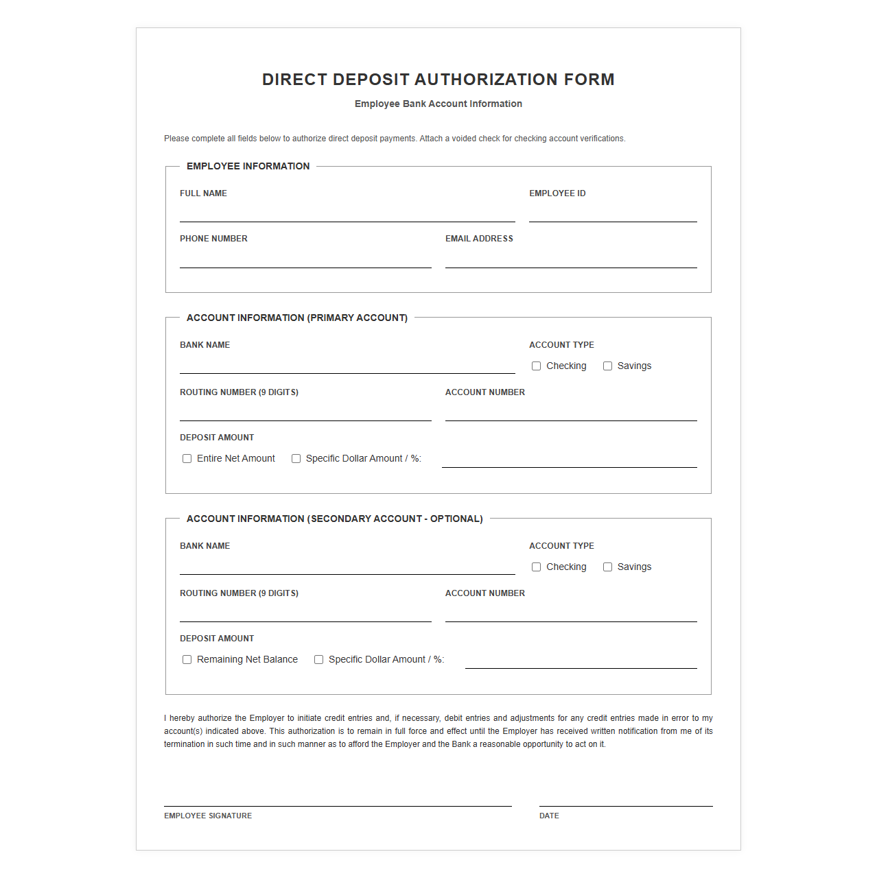 Employee Bank Account Authorization Template
