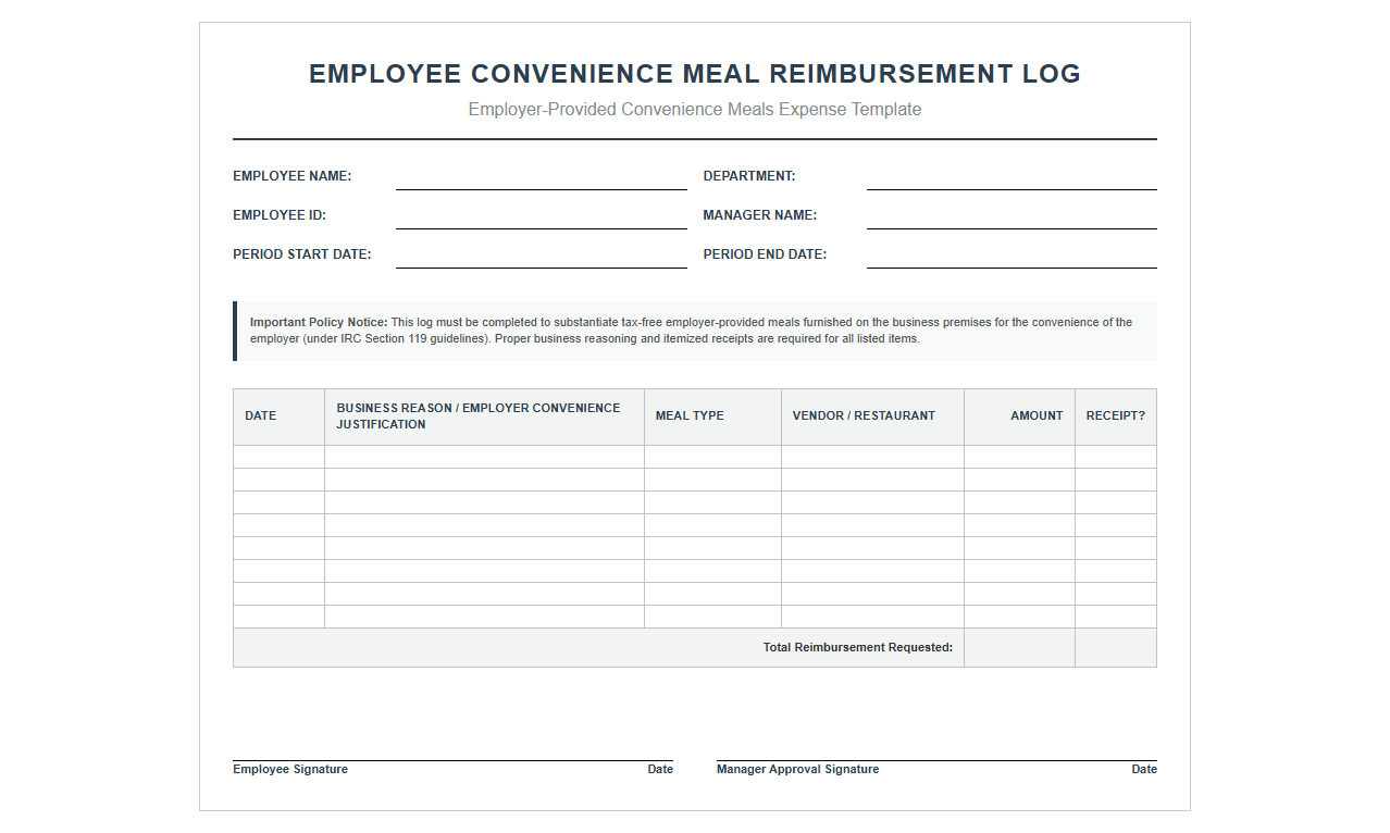 Employee Convenience Meal Reimbursement Log