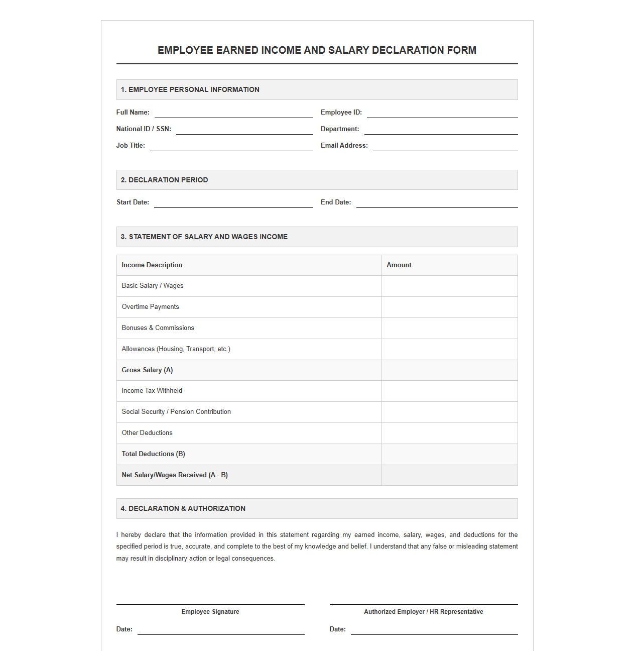Employee Earned Income and Salary Declaration Form