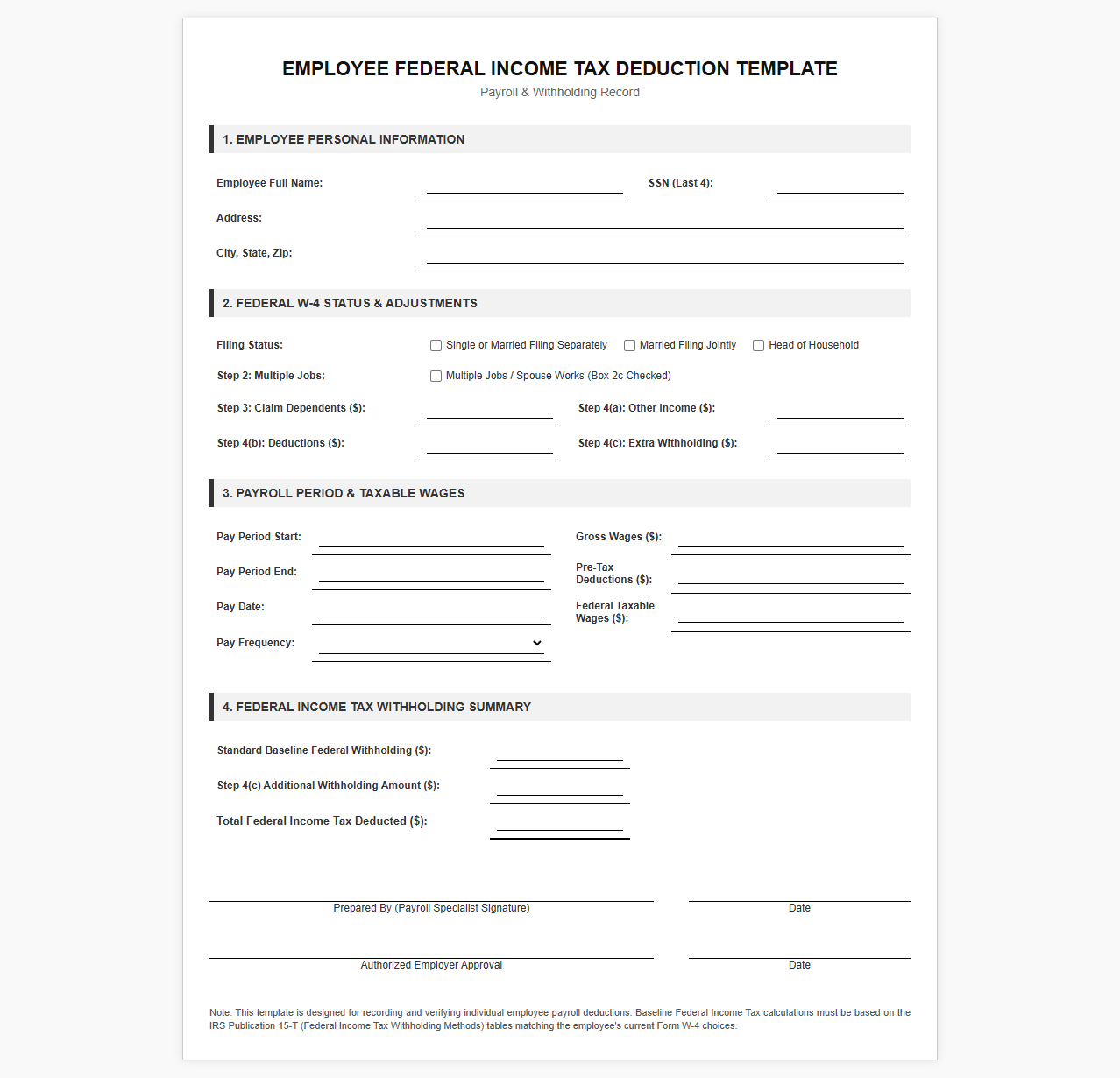 Employee Federal Income Tax Deduction Template