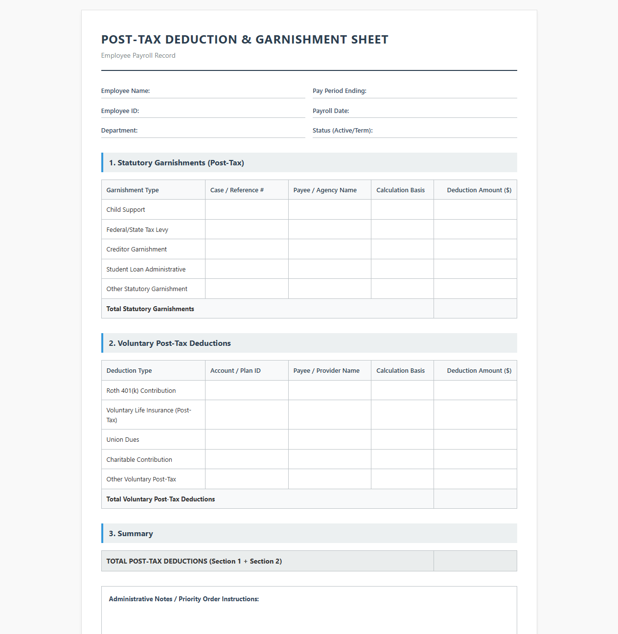Employee Garnishment and Post-Tax Deduction Sheet
