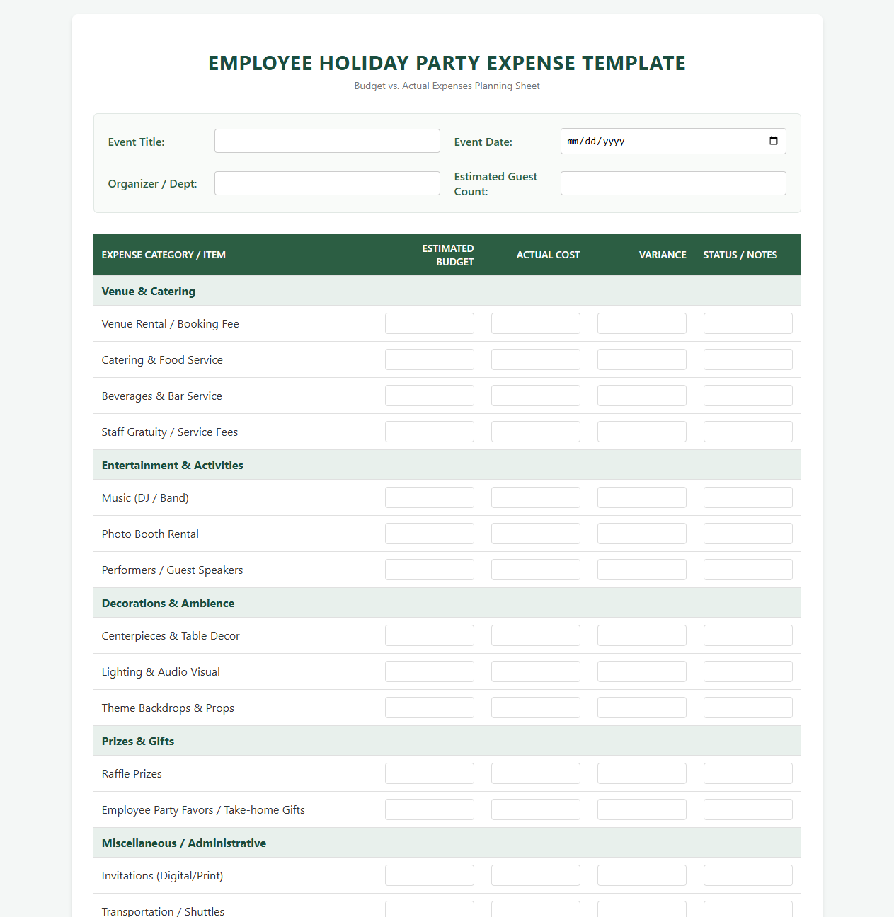 Employee Holiday Party Expense Spreadsheet