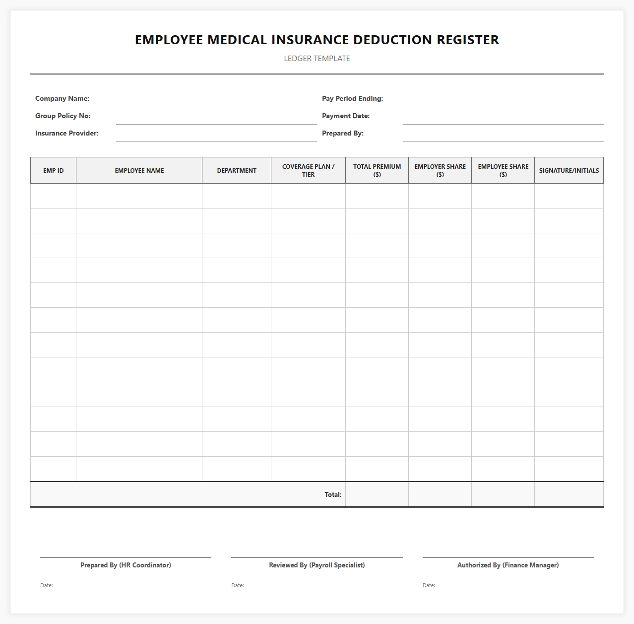 Employee Medical Insurance Deduction Register