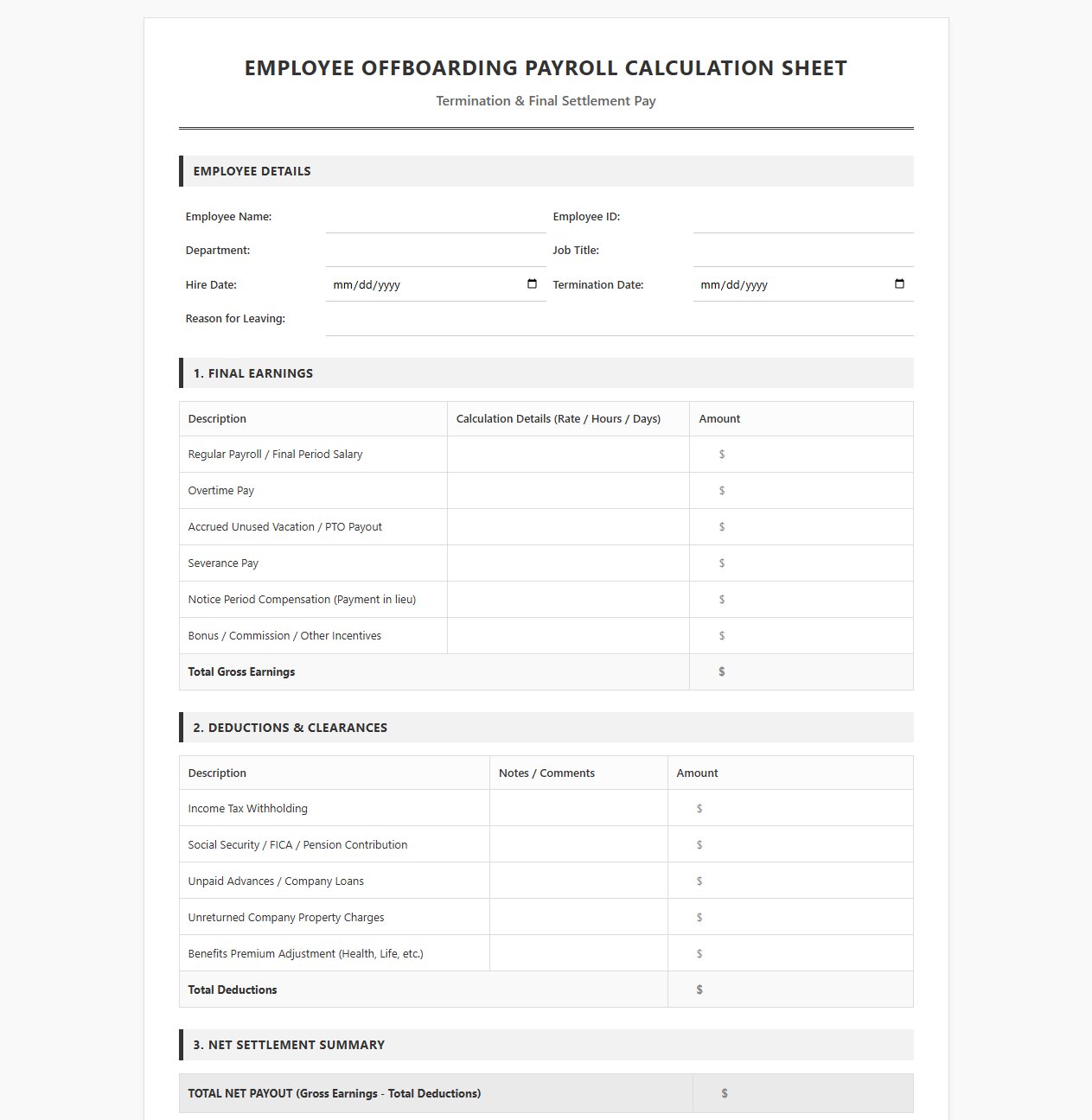 Employee Offboarding Payroll Calculation Sheet