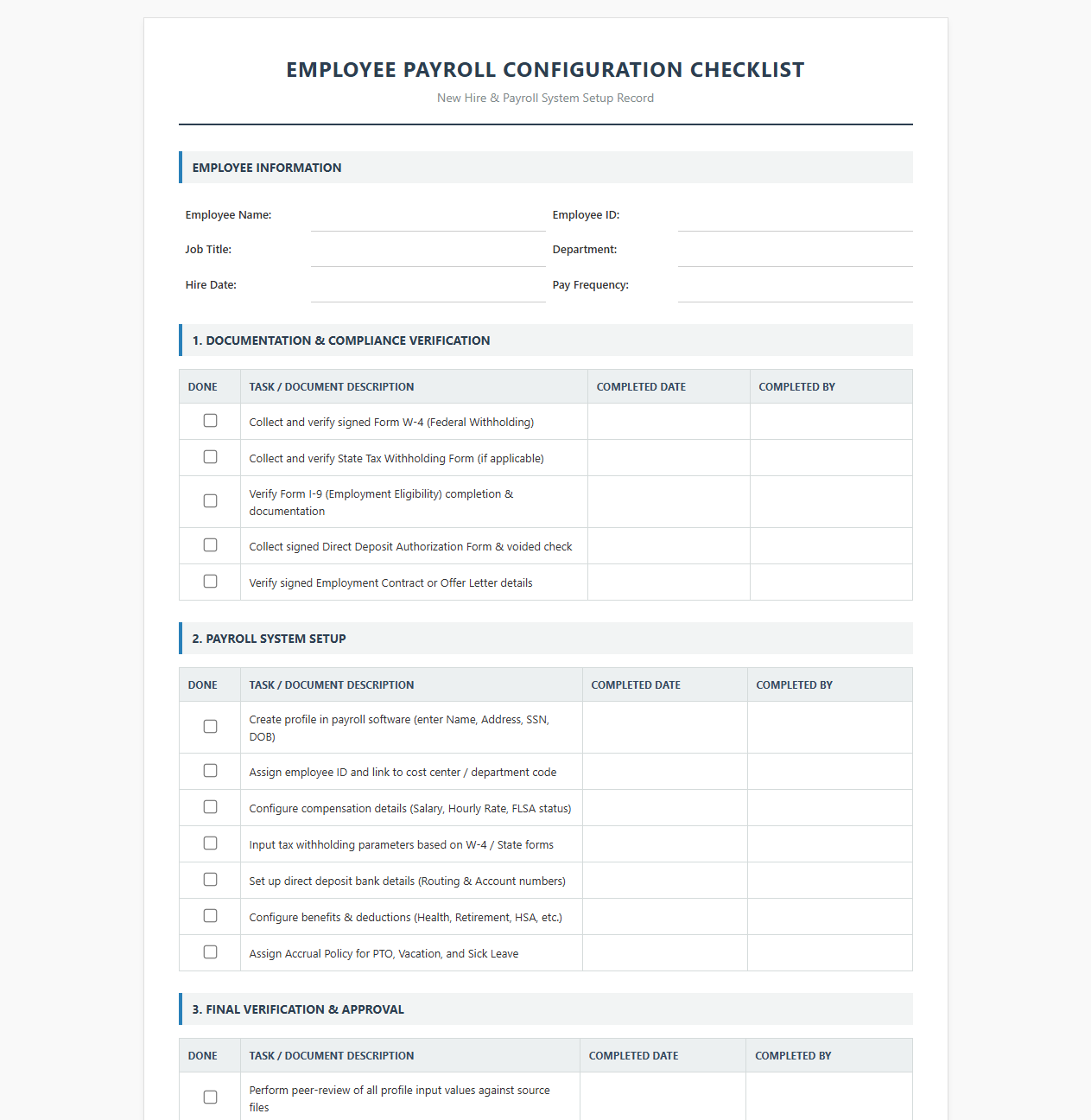 Employee Payroll Configuration Checklist