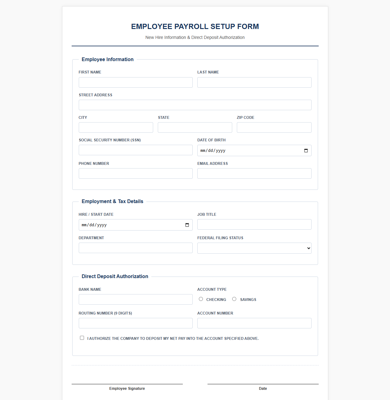 Employee Payroll Setup Form