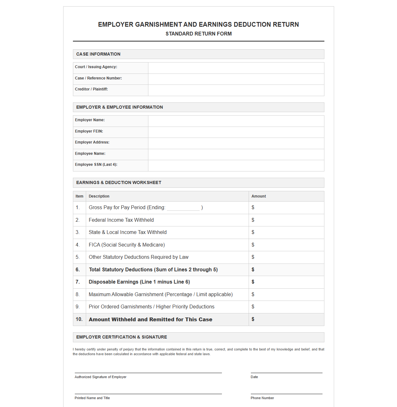 Employer Garnishment and Earnings Deduction Return